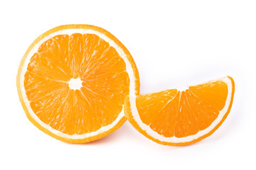 Fresh orange slices on a white background. Isolation of juicy fruits
