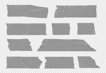 Transparent tape. Adhesive stripes, isolated sticky scotch. Realistic blank bandages, glue pieces for package vector set. Tape adhesive sticky, isolated paper fix and wrinkled illustration