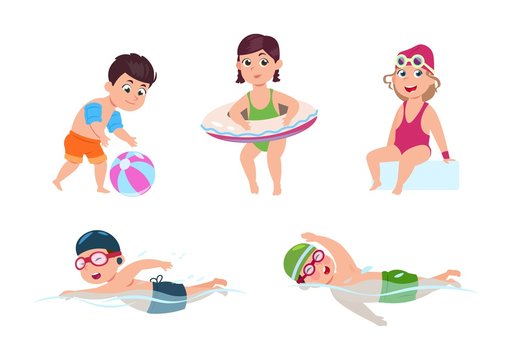 Swimming children. Happy kids, little beach girl. Sea or pool party. Isolated cartoon friends in swimsuits. Boys in water, vacation vector set. Cartoon swimsuit girl and boy swimming illustration