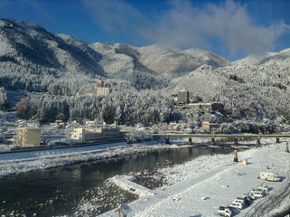 Gero hot spring snow scene in Japan 