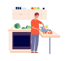 Man chef. Guy cutting fish in kitchen. Cooking, healthy eating and diet. Isolated male character cooking vector illustration. Cooking fish, man chef cook and cutting