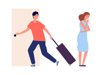 Man leaves home. Family quarrel, crying woman. Divorce, depression and negative people vector illustration. Man and woman divorce, couple problem relationship