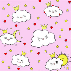 Pattern with clouds and funny emotions, cute emotions on an isolated background. Vector seamless illustration. Clouds with moon, crown and yellow stars. Cute clouds with hearts, childish illustration