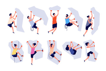 Climbing people. Woman man extreme adventure. Male climbs wall, strong sport. Person on mountain or cliff with equipment vector illustration. Extreme sport climbing, mountain adventure, climb outdoor