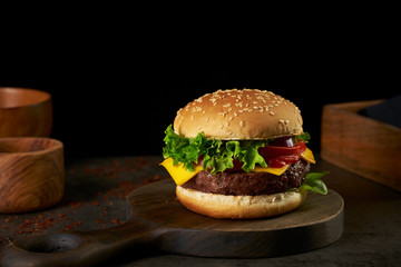 burger on wooden desk