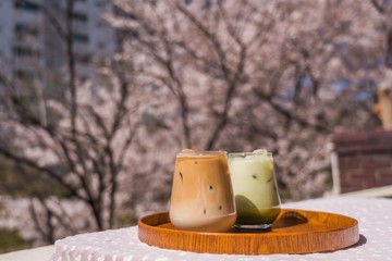 Enjoying spring in South Korea with a glass of Caffè Latte and Green Tea Latte on a wooden tray with pink cherry blossom sakura tree background. © cherrydonut