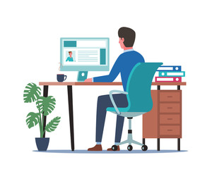 Young man working on computer. Business people sitting at office desk. Flat design vector illustration - 336058881