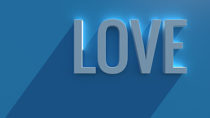 Simple 3d render text on blue background with long shadow and bloom effect. Love word.