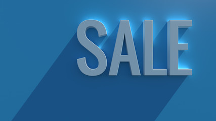 Simple 3d render text on blue background with long shadow and bloom effect. Sale word.