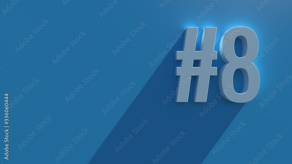 Poster simple 3d render text on blue background with long shadow and bloom effect. number.