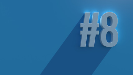 Simple 3d render text on blue background with long shadow and bloom effect. Number.