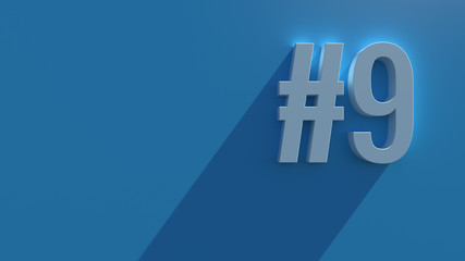 Simple 3d render text on blue background with long shadow and bloom effect. Number.