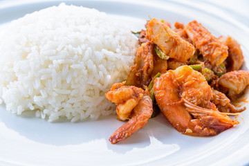 Spicy Thai food, Asia food closeup side view Shrimp Red Curry Fried seafood, Stir-fried prawn curry and coconut milk with white rice on a clean round white dish background for cooking delicious meals