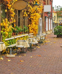 Street cafe on  street of  European autumn city