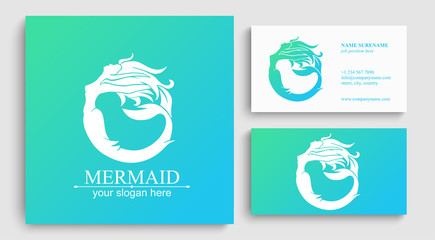 Mermaid logo. Brand template vector illustration. Siren and marine girl with a tail.
