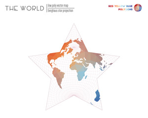 Triangular mesh of the world. Berghaus star projection of the world. Red Yellow Blue colored polygons. Creative vector illustration.
