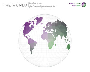 Low poly design of the world. Gilbert's two-world perspective projection of the world. Purple and Green colored polygons. Elegant vector illustration.
