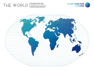 World map in polygonal style. Winkel tripel projection of the world. Yellow, Green, and Blue colored polygons. Amazing vector illustration.