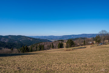 Obraz premium Meadow in mountains in early spring, Beskydy Mountains czech