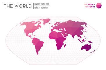 Low poly world map. Eckert V projection of the world. Red-purple colored polygons. Amazing vector illustration.