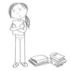 Sad and stressed teenage student standing and holding a list of paper, stack of books around her - original hand drawn illustration