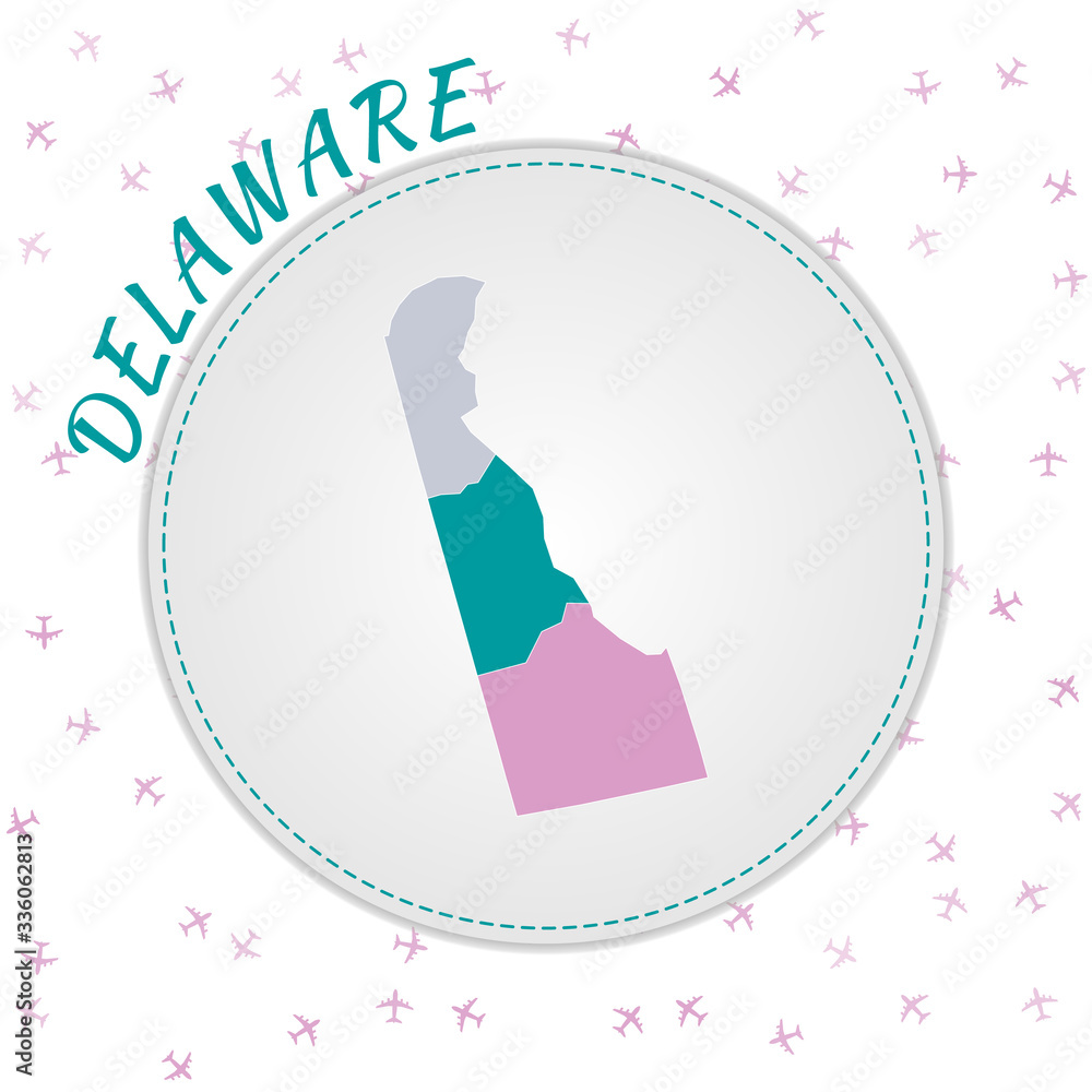 Poster delaware map design. map of the us state with regions in emerald-amethyst color palette. rounded tra