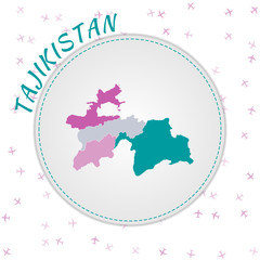 Tajikistan map design. Map of the country with regions in emerald-amethyst color palette. Rounded travel to Tajikistan poster with country name and airplanes background. Awesome vector illustration.