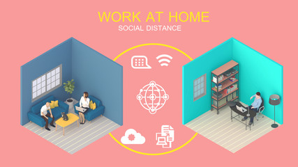 Obraz premium Home office workplace mess concept with laptop mockup and other objects . 3D Rendering.Work from home concept. set of isometric interior working rooms of the house.