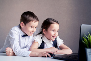 education concept - student with computer studying at school