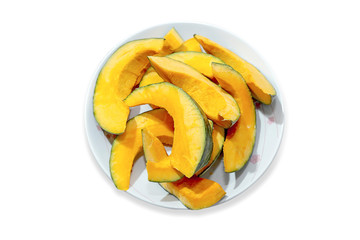 Top view of raw pumpkin cut on white isolated.