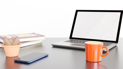 3D Rendering.Laptop computer, Samartphone and coffee on white background. Work From Home  concept.