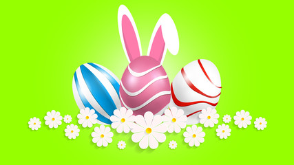 Three easter daisy eggs and rabbit ears, vector art illustration.