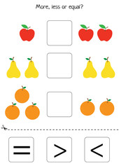  More or less or equal. Counting game. Set of fruits. Comparison for kids