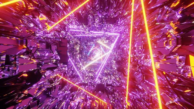 Flight through a futuristic 3d kalidoscope effect environment with bright neon light patterns and triangles