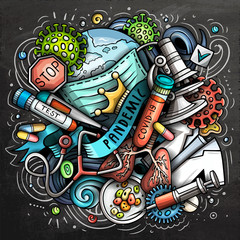 Cartoon vector doodles Pandemic illustration. Bright colors epidemic picture