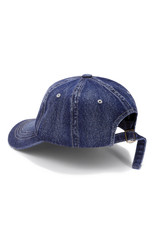 Subject shot of a dark blue denim baseball cap with a stitch on the visor, vent holes and a back fastener. The unisex headwear is isolated on the white background.