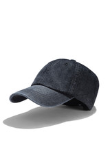 Subject shot of a black denim baseball cap with a stitch on the visor and vent holes. The unisex...