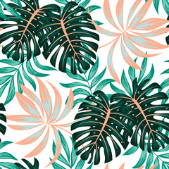 Summer seamless tropical pattern with bright plants and flowers on a white background. 
Seamless exotic pattern with tropical plants. Tropic leaves in bright colors.