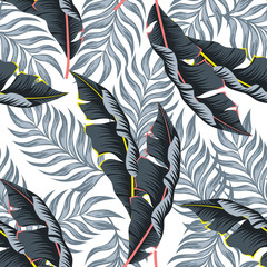 Botanical seamless tropical pattern with bright plants and leaves on a white background. Summer colorful hawaiian seamless pattern with tropical plants. Printing and textiles. 