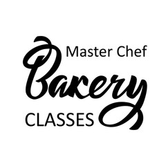 Master chef classes Bakery studio shop lettering typography. Ideal for Sweet Cake bakery logotype design, icon, card, postcard, logo banner. Vector handwritten illustration.