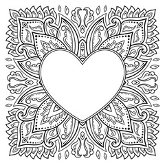 Circular pattern in form of mandala with frame in shape of heart. Decorative ornament in ethnic oriental mehndi style. Outline doodle hand draw vector illustration. Antistress coloring book page.