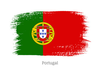 Portugal official flag in shape of paintbrush stroke. Portuguese national identity symbol. Grunge brush blot object isolated on white background vector illustration. Portugal country patriotic stamp.