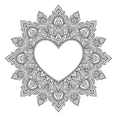 Circular pattern in form of mandala with frame in shape of heart. Decorative ornament in ethnic oriental mehndi style. Outline doodle hand draw vector illustration. Antistress coloring book page.