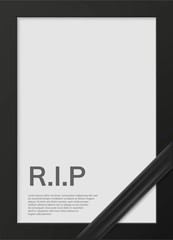 Blank mourning frame for sympathy card. Funeral photo frame mockup with black ribbon. Black memorial frame with empty place for portrait isolated vector illustration. Funeral ceremony and condolence.