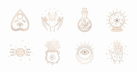 Mystic boho logo, design elements with moon, hands, star, eye, crystal bottle, ball future. Vector magic symbols isolated on white background