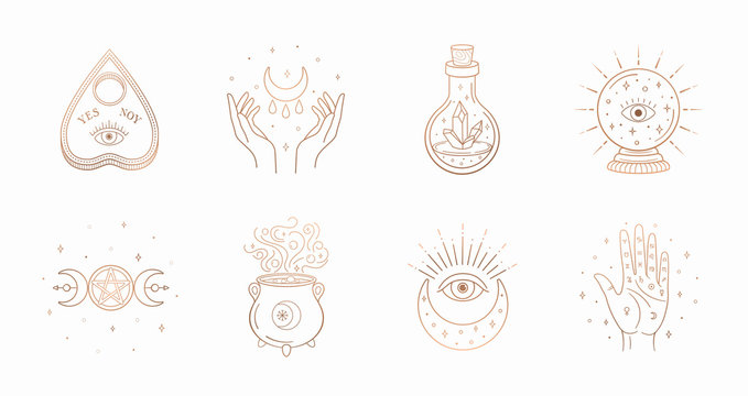 Mystic Boho Logo, Design Elements With Moon, Hands, Star, Eye, Crystal Bottle, Ball Future. Vector Magic Symbols Isolated On White Background