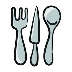 Cutlery icon fork and knife with spoon in doodle design 