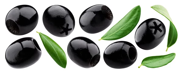 Küchenrückwand glas motiv Pitted olives collection. Black olive isolated on white background © xamtiw