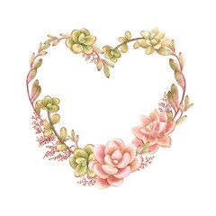 Wreath of watercolor succulents in the form of heart, vector frame, illustration in vintage style.