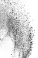 Black particles explosion isolated on white background.  Abstract dust overlay texture.